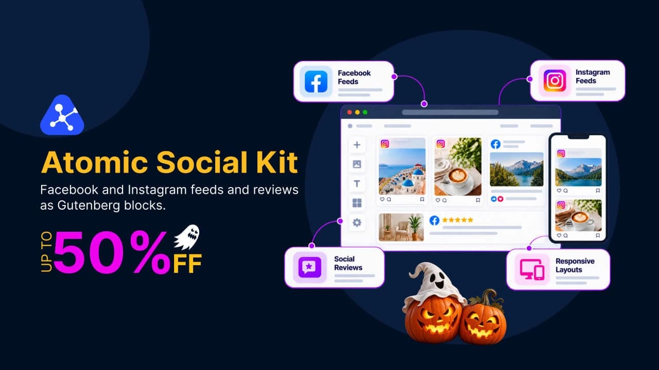 Atomic Social Kit displaying Facebook and Instagram feeds and reviews on a WordPress site