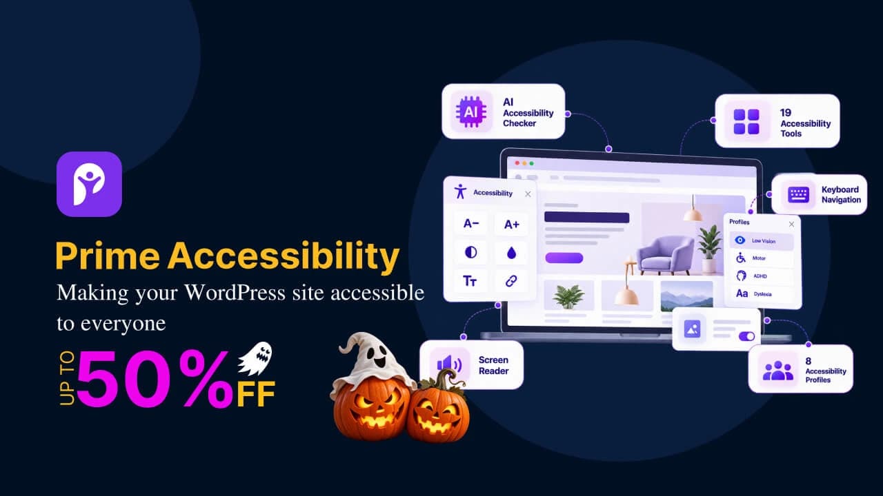 Prime Accessibility controls for text, contrast, keyboard navigation and screen readers