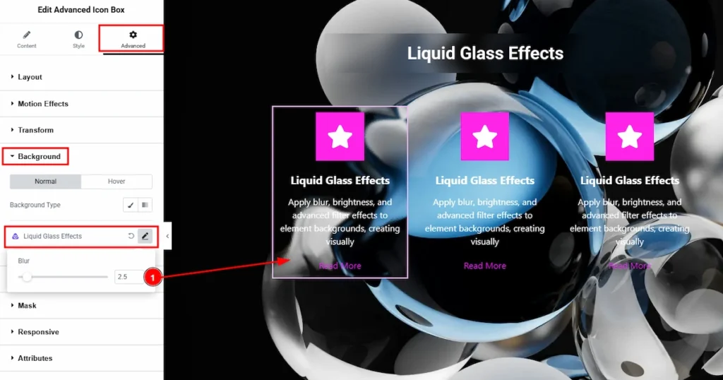 Using the Liquid Glass Effects on Advanced Icon Box Element
